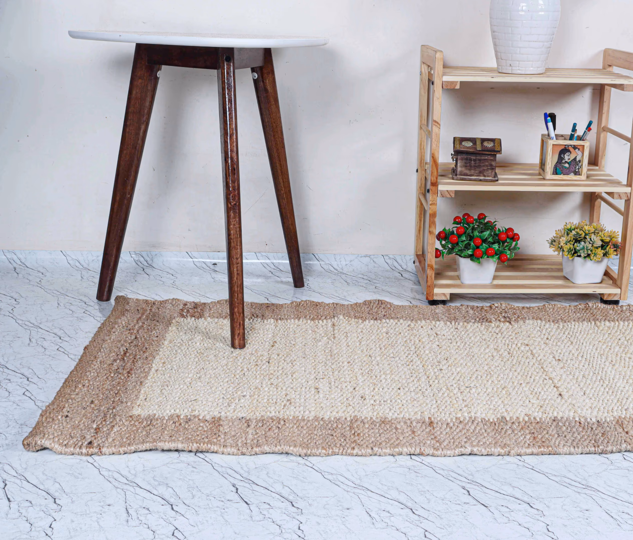 Hand Woven Off White Jute Hemp Stair Decor Runner Rug with Beige Border